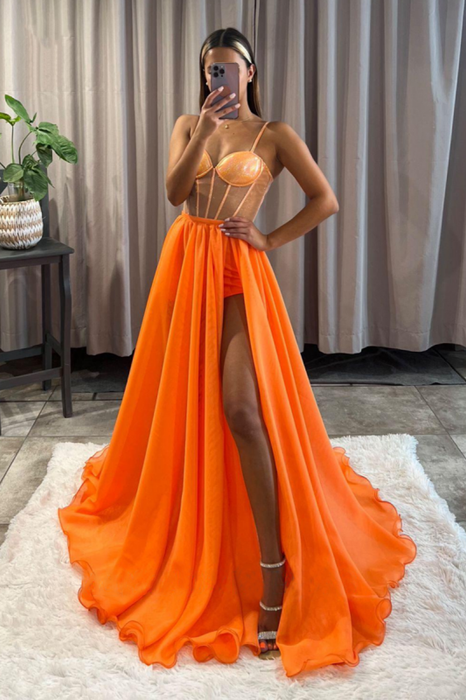 A Line Spaghetti Straps High Split Long Prom Dress in Orange