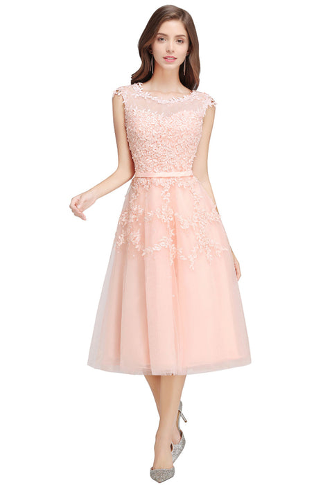 A-line TulleLace Tea Length Party Dress Crew neck Sleeveless Short Homecoming Dress - Pearl Pink / US 2 - Prom Dresses