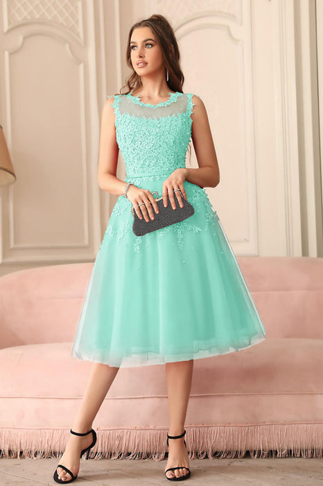 A-line TulleLace Tea Length Party Dress Crew neck Sleeveless Short Homecoming Dress - Prom Dresses