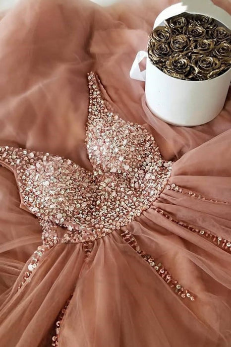 Champagne A Line V Neck Cross Back Sequins Beaded Tulle Long Prom Dresses, Champagne Formal Dresses, Evening Dresses