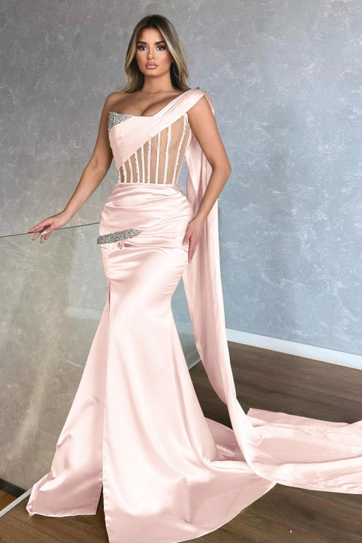 Amazing Champagne One-Shoulder Sleeveless Mermaid Prom Dress with Slit and Ruffles