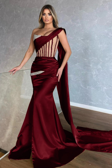 Amazing Champagne One-Shoulder Sleeveless Mermaid Prom Dress with Slit and Ruffles