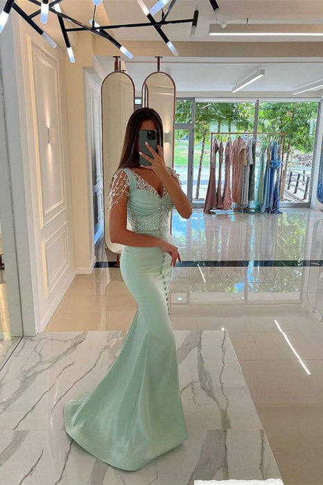 Amazing Mint Green Cap Sleeves Prom Dress Long with Buttons and Beads