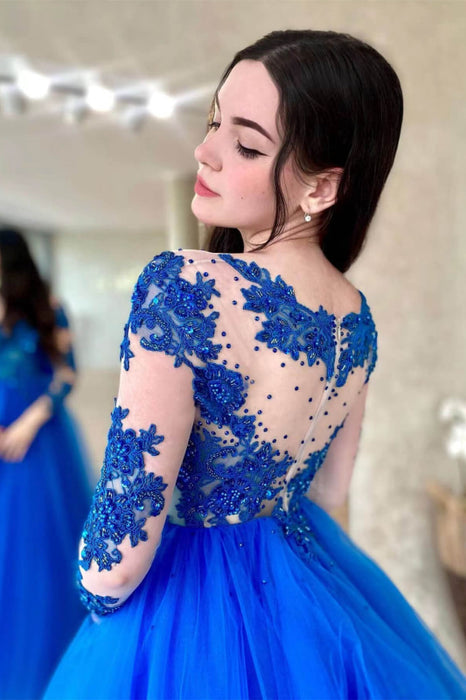 Amazing Royal Blue Long Sleeve Tulle Prom Dress with Appliques