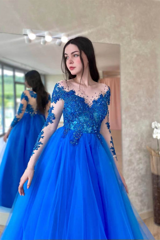 Amazing Royal Blue Long Sleeve Tulle Prom Dress with Appliques