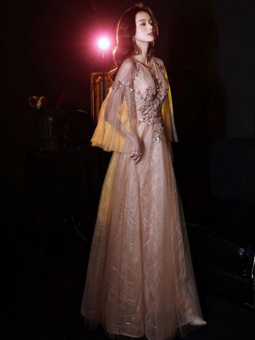 Apricot Evening Dress A-Line Jewel Neck Lace 3/4-Length Sleeves Applique Floor Length Formal Party Dresses