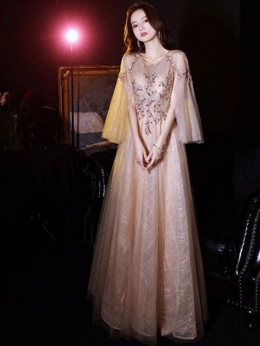 Apricot Evening Dress A-Line Jewel Neck Lace 3/4-Length Sleeves Applique Floor Length Formal Party Dresses