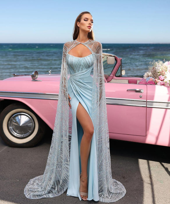 Baby Blue Charmeuse Prom Dress Sleeveless Strapless with High Slit