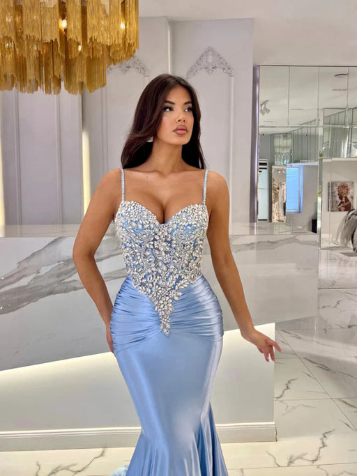 Baby Blue Mermaid Prom Dress Long Sweetheart Sleeveless with Beads