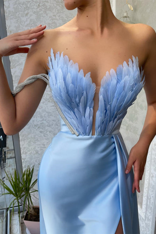 Baby Blue Off-The-Shoulder V-Neck Mermaid Prom Dress with Feathers