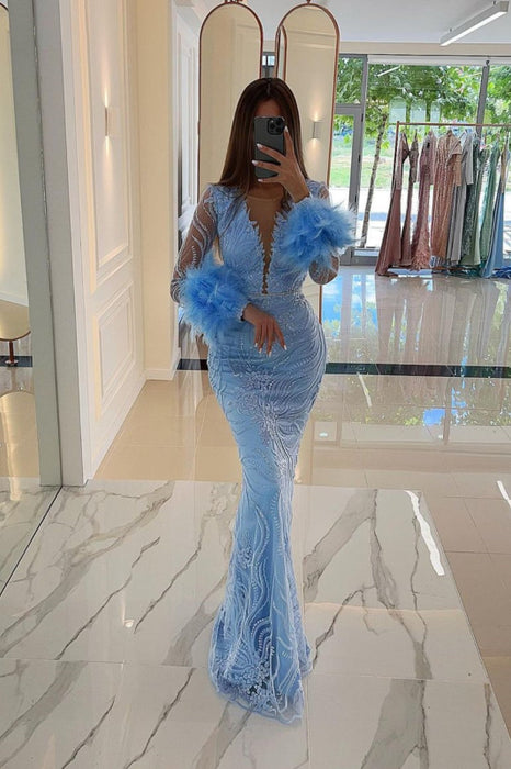 Baby Blue Prom Dress V-Neck Sequins with Feather Appliques