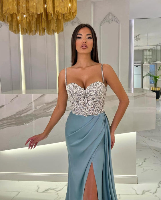 Baby Blue Prom Dress with High Slit, Spaghetti Strap Sweetheart Appliques