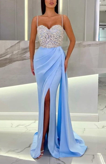 Baby Blue Prom Dress with High Slit, Spaghetti Strap Sweetheart Appliques