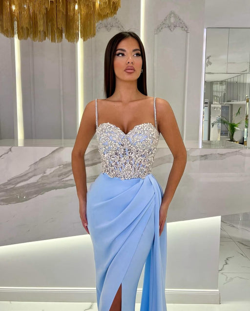 Baby Blue Prom Dress with High Slit, Spaghetti Strap Sweetheart Appliques