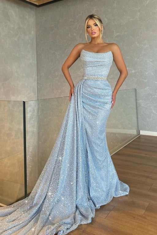 Baby Blue Strapless Sleeveless Mermaid Prom Dress with Beadings Sequins