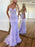 Baby Blue V-Neck Backless Mermaid Tulle Prom Dress with Lace Printing