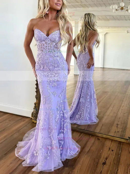 Baby Blue V-Neck Backless Mermaid Tulle Prom Dress with Lace Printing