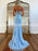 Baby Blue V-Neck Backless Mermaid Tulle Prom Dress with Lace Printing