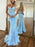 Baby Blue V-Neck Backless Mermaid Tulle Prom Dress with Lace Printing