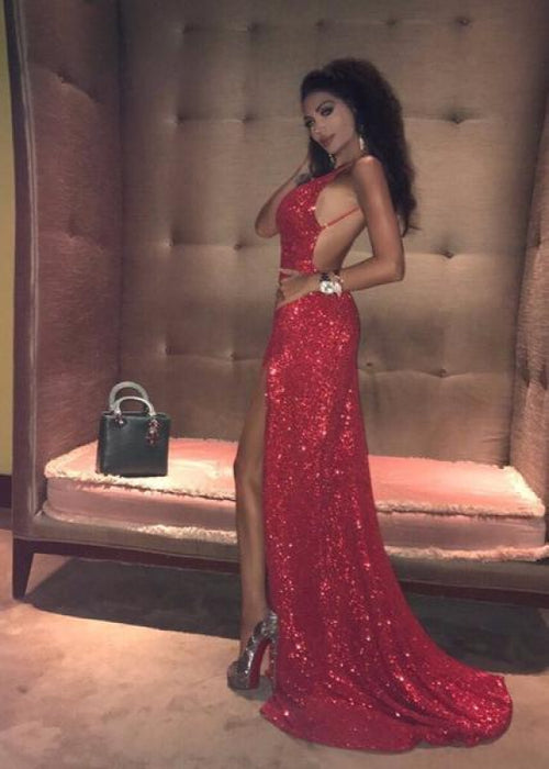 Backless Red Sequins Prom Dress