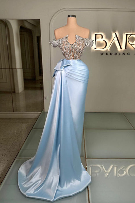 Beading Off-the-Shoulder Ruched Satin Long Prom Dress