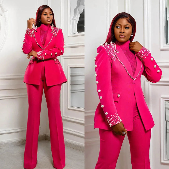 Beading Pearls Women Suits 2 Pieces Blazer Pants Peaked Lapel Costume Homme Mother Of The Bride - Same As Photo - Wedding Dresses