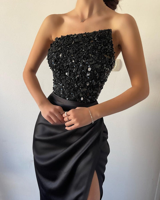 Beautiful Black Sequins Sleeveless Strapless Prom Dress with High Slit