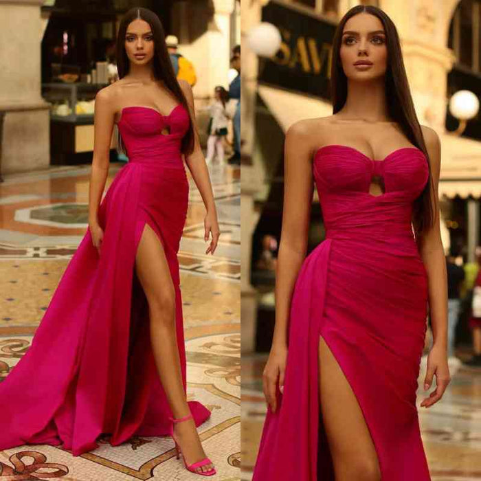 Beautiful Fuchsia Long Prom Gown with High Slit