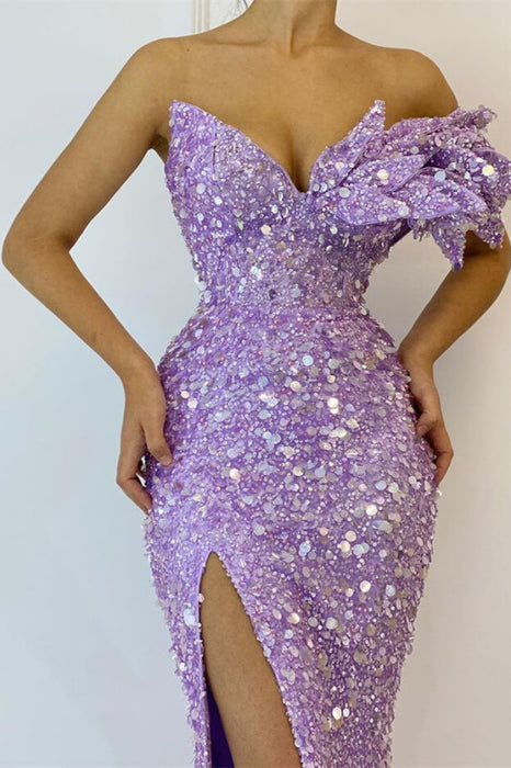 Beautiful Lilac Off-The-Shoulder Mermaid Prom Dress with Sequins and Split