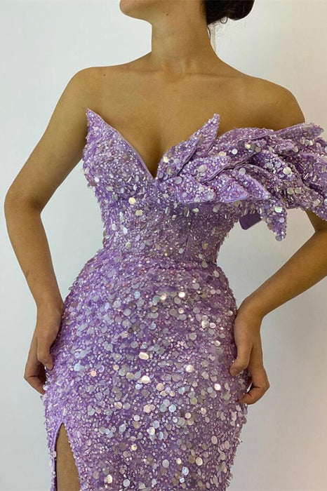 Beautiful Lilac Off-The-Shoulder Mermaid Prom Dress with Sequins and Split