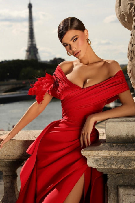 Beautiful Off-the-Shoulder High-Split Ruched Satin A-Line Flower Prom Dress