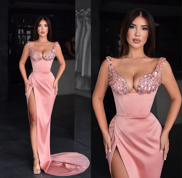 Beautiful Pink Sequins Spaghetti Strap Prom Dress with Satin and Slit