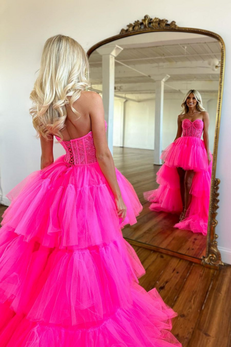 Beautiful Rose Prom Dress with Sleeveless Gown Tulle Train