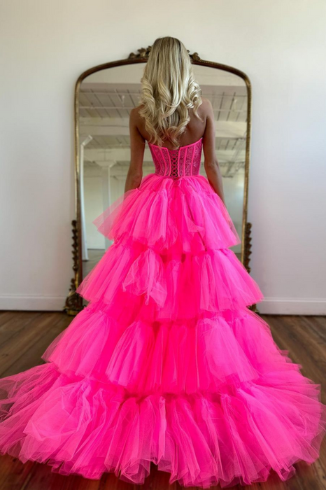 Beautiful Rose Prom Dress with Sleeveless Gown Tulle Train