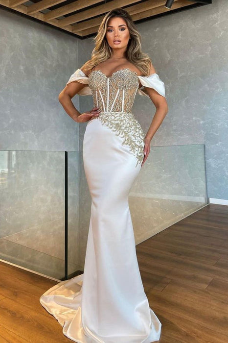 Beautiful White Off-The-Shoulder Appliques Long Mermaid Prom Dress