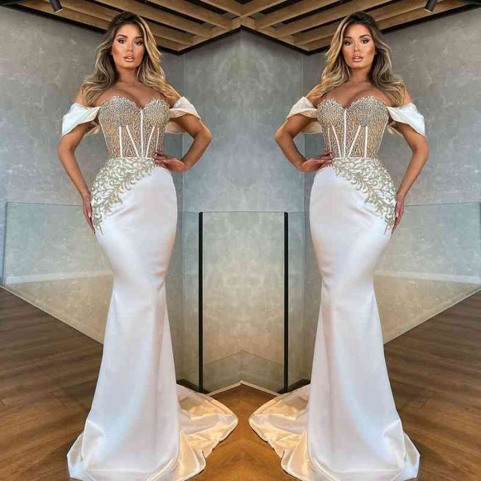 Beautiful White Off-The-Shoulder Appliques Long Mermaid Prom Dress