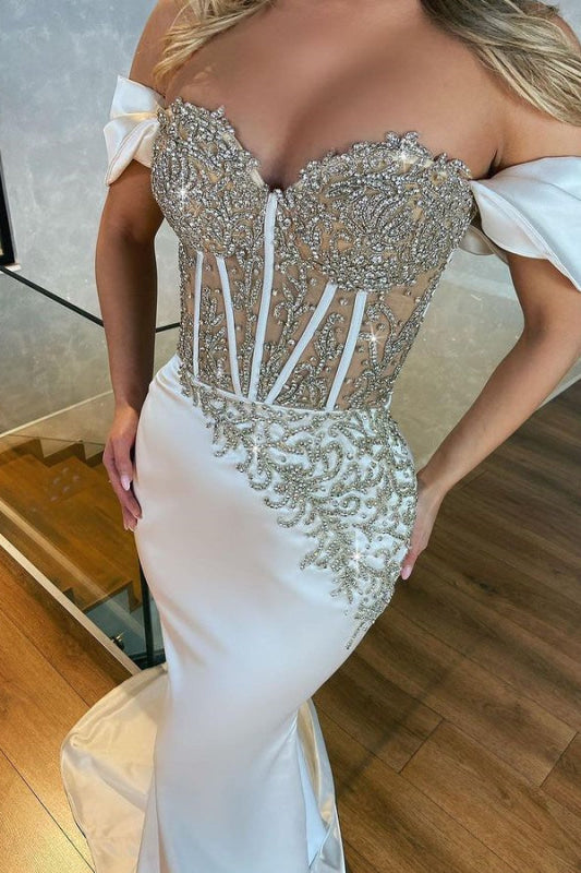 Beautiful White Off-The-Shoulder Appliques Long Mermaid Prom Dress