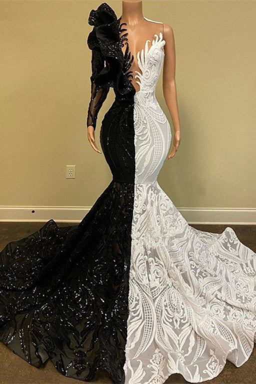 Black and White Long Sleeves Lace Sequin Mermaid Prom Dress