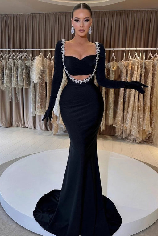 Black Beaded Prom Dress with Gloves Sweetheart Long Sleeve Mermaid