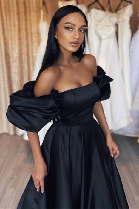 Black Bubble Sleeves Strapless Mermaid Long Prom Dress