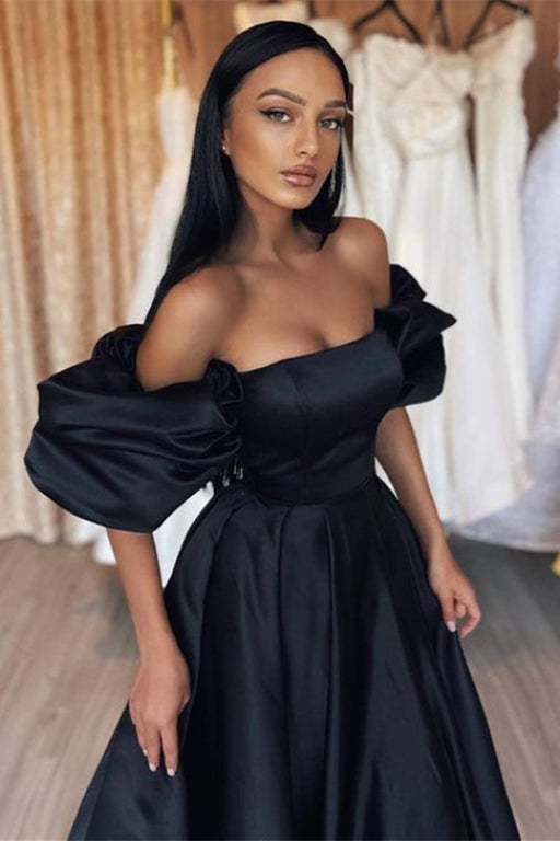 Black Bubble Sleeves Strapless Mermaid Long Prom Dress