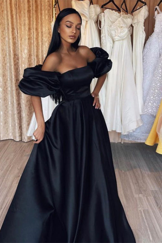 Black Bubble Sleeves Strapless Mermaid Long Prom Dress