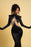 Black Charmeuse Prom Dress with Long Sleeves, Beadings, and Gloves