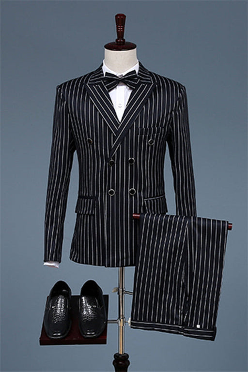 Pete Formal Black Peaked Lapel Double Breasted Striped Business Suits