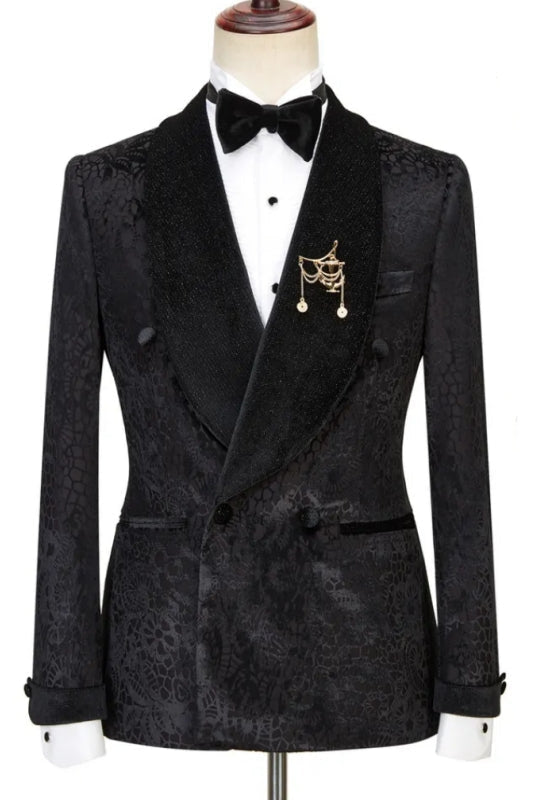 Ternence Bespoke Black Jacquard Double Breasted Wedding Suits With Velvet Shawl Lapel