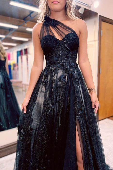 Black Evening Dress Prom Dress with Slit Sheer Straps Beadings