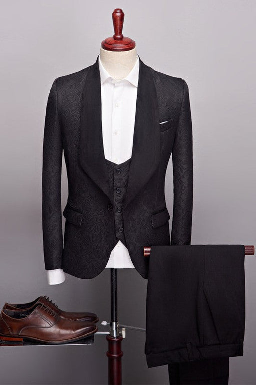 Handsome Black Jacquard Three Pieces One Button Wedding Suits for Men