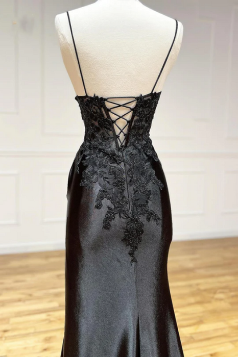 Black Lace Printed Long Prom Dress with High Slit