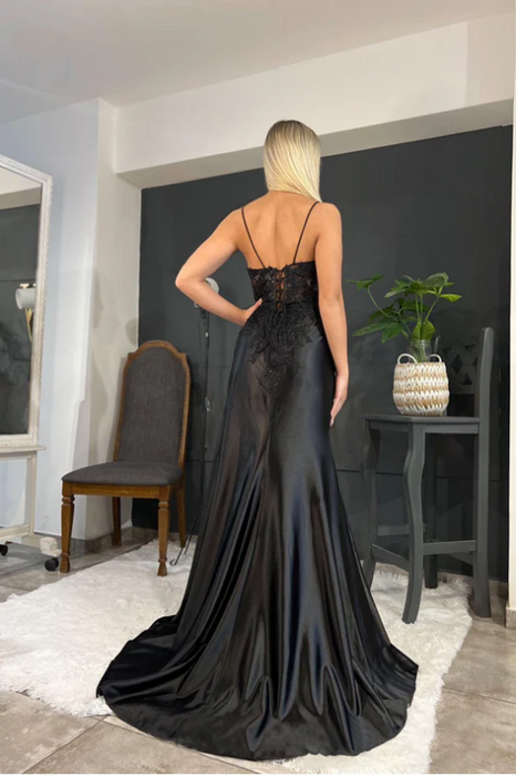 Black Lace Printed Long Prom Dress with High Slit