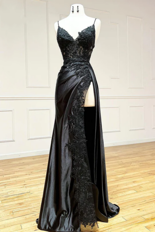 Black Lace Printed Long Prom Dress with High Slit